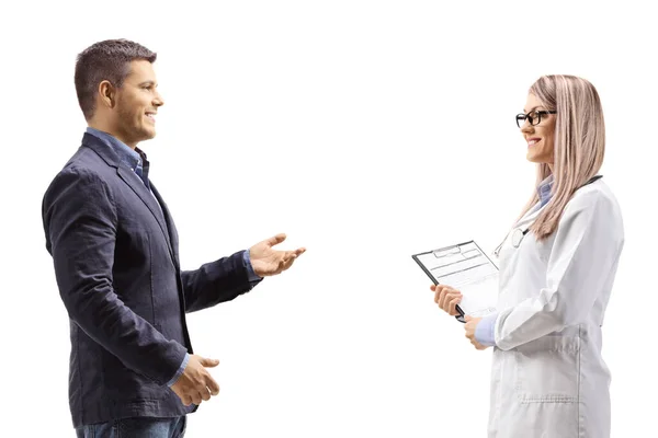 Man Talking Female Doctor Isolated White Background — Stock Photo, Image