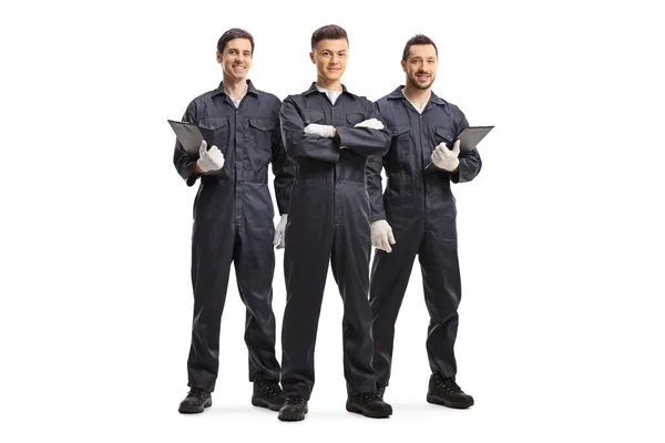 Full Length Portrait Three Mechanic Workers Uniforms Isolated White Background — Stock Photo, Image