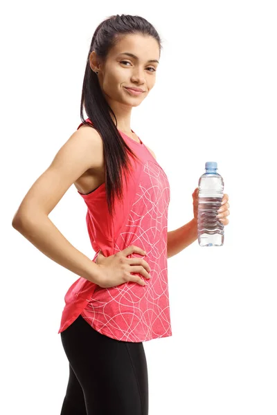 Młoda Kobieta Odzieży Sportowej Trzymająca Butelkę Wody Białym Tle — Zdjęcie stockowe