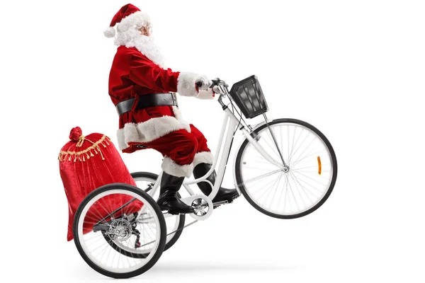 Профільний Знімок Санта Клауса Білому Триколісному Велосипеді Одному Колесі Ізольовано — стокове фото