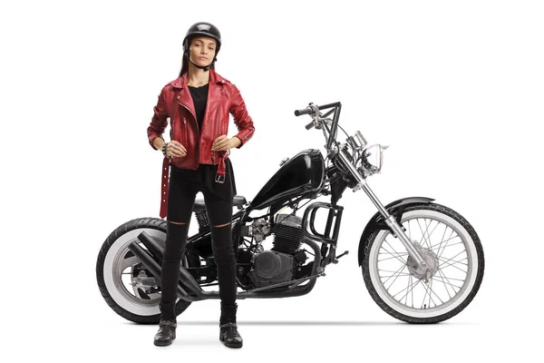 Портрет Молодої Жінки Велосипедистки Нетиповим Мотоциклом Ізольовано Білому Тлі — стокове фото