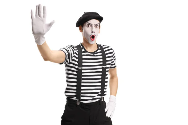 Mime Gesturing Stop Hand Isolated White Background — Stock Photo, Image