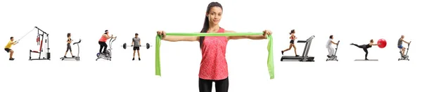 Young Woman Exercising Stretching Band Many Other People Exercising Isolated — Stock Photo, Image