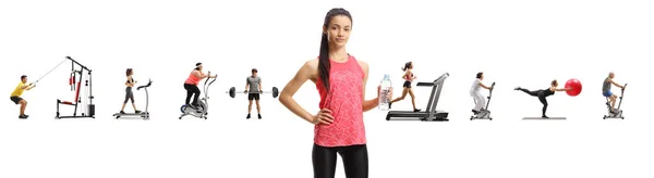 Young Woman Holding Bottle Water Many Other People Exercising Back — Stock Photo, Image