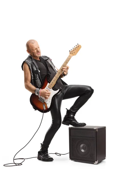 Full Length Shot Man Rock Star Playing Guitar Amplifier Isolated — Stock Photo, Image