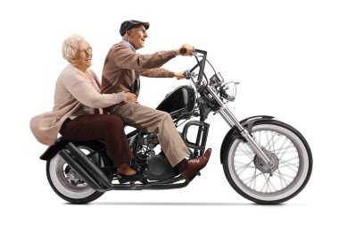 Beyaz arka planda izole edilmiş özel motosiklet kullanan yaşlı adam ve kadın.