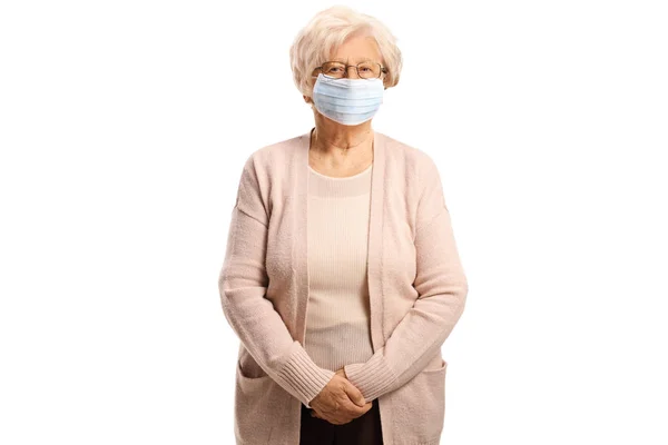 Mulher Sênior Usando Uma Máscara Protetora Isolada Fundo Branco — Fotografia de Stock