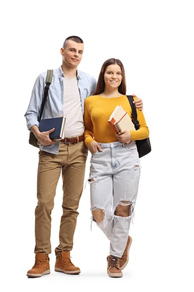 Retrato Completo Estudiante Masculino Femenino Con Mochilas Libros Aislados Sobre — Foto de Stock