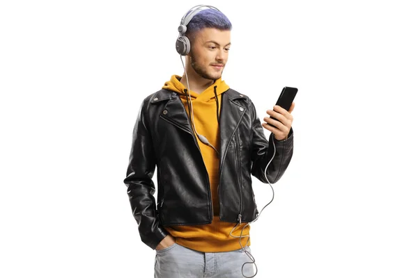 Young Guy Holding Mobile Phone Listening Music Headphones Isolated White — Stock Photo, Image