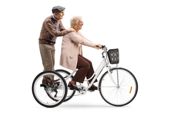 Full Length Profile Shot Elderly Couple Tricycle Isolated White Background — Stock Photo, Image