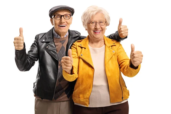 Senior Man Woman Wearing Leather Jackets Gesturing Thumbs Isolated White — Stock Photo, Image