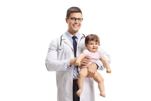 Médico Pediatra Segurando Uma Menina Sorrindo Para Câmera Isolada Fundo — Fotografia de Stock