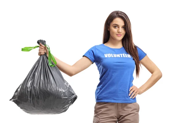白い背景に隔離されたビニール袋を持つ女性ボランティア — ストック写真