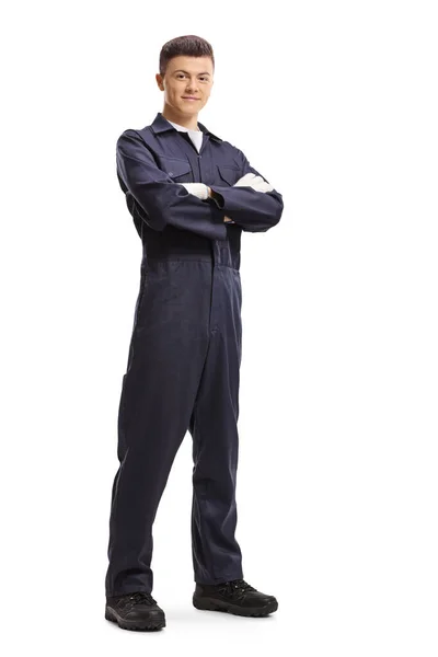 Full Length Portrait Young Guy Overall Worker Uniform Posing Smiling — Stock Photo, Image