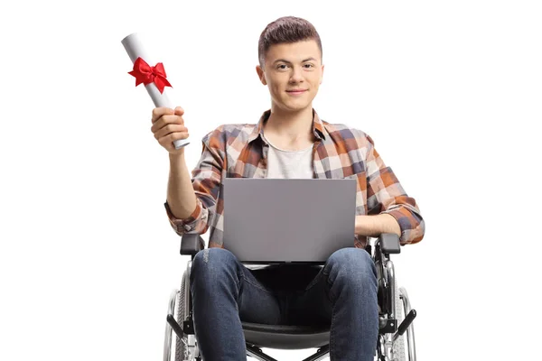 Étudiant Handicapé Fauteuil Roulant Avec Ordinateur Portable Certificat Fin Études — Photo