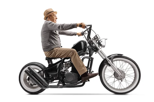 Excited Elderly Gentleman Riding Custom Motrobike Isolated White Background — Stock Photo, Image