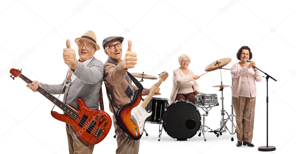 Two senior guitarist showing thumbs up, a lady drummer and a female singer in a music band isolated on white background