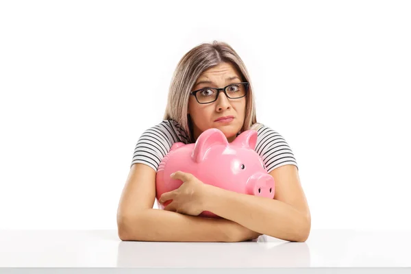 Confused Young Woman Hugging Piggybank Isolated White Background — Stock Photo, Image