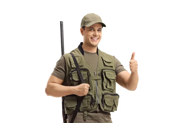 Young Hunter Shotgun His Shoulder Showing Thumbs Sign Isolated White — Stock Photo, Image