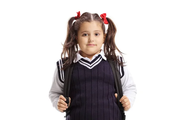 Menina Uniforme Escolar Uma Mochila Isolada Fundo Branco — Fotografia de Stock