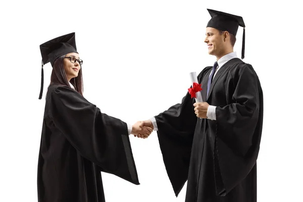 Graduados Estrechando Las Manos Aislados Sobre Fondo Blanco — Foto de Stock