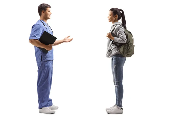 Full Length Profile Shot Male Doctor Taking Female Student Isolated — Stock Photo, Image