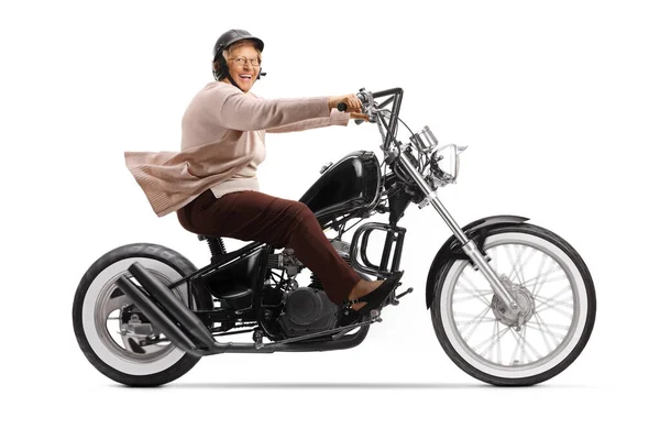 Senior Woman Riding Custom Chopper Motorbike Smiling Camera Isolated White — Stock Photo, Image