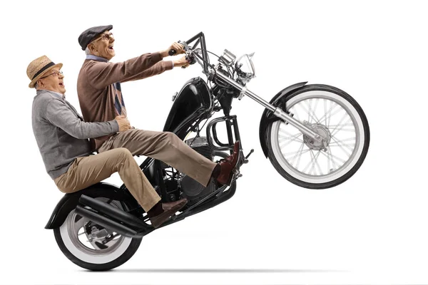 Verrückte Senioren Fahren Ein Motorrad Auf Einem Rad Isoliert Auf — Stockfoto