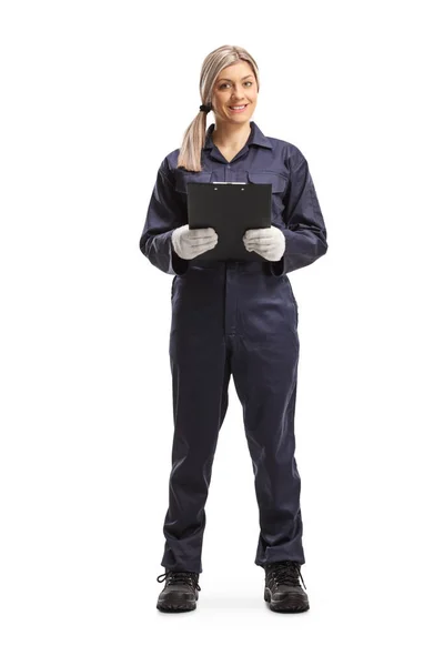 Full Length Portrait Female Worker Overall Uniform Holding Clipboard Isolated — Stockfoto