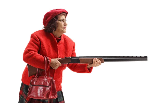 Grandmother Red Coat Holding Shotgun Isolated White Background — Stock fotografie