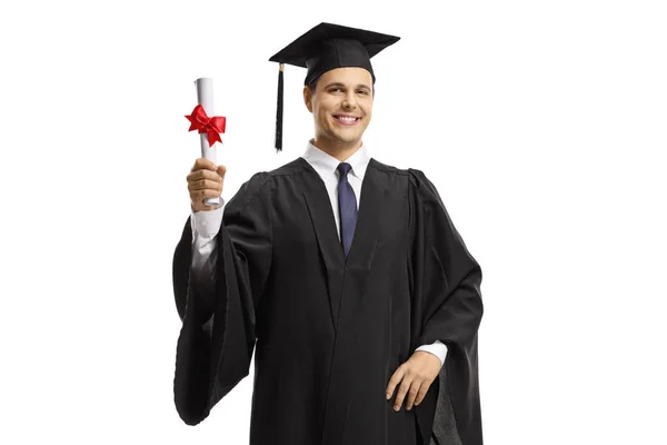 Beyaz Arka Planda Izole Edilmiş Bir Diploma Taşıyan Erkek Mezun — Stok fotoğraf