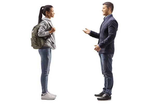 Foto Perfil Completo Una Estudiante Joven Hablando Aislados Sobre Fondo — Foto de Stock