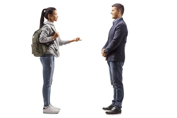 Filme Perfil Completo Uma Estudante Conversando Com Jovem Isolado Fundo — Fotografia de Stock