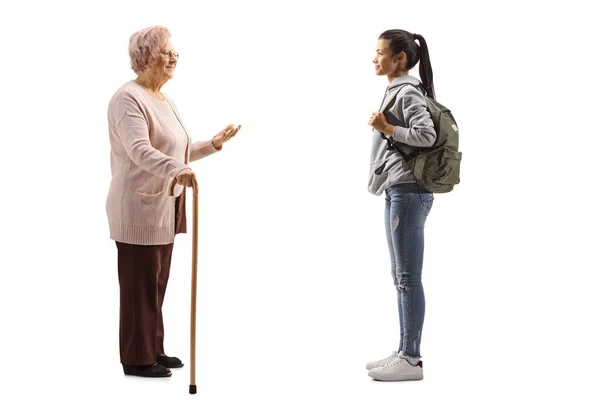 Full Length Profile Shot Female Student Senior Lady Walking Cane — Stock Photo, Image