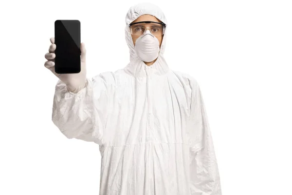 Homem Terno Hazmat Mostrando Telefone Celular Isolado Fundo Branco — Fotografia de Stock