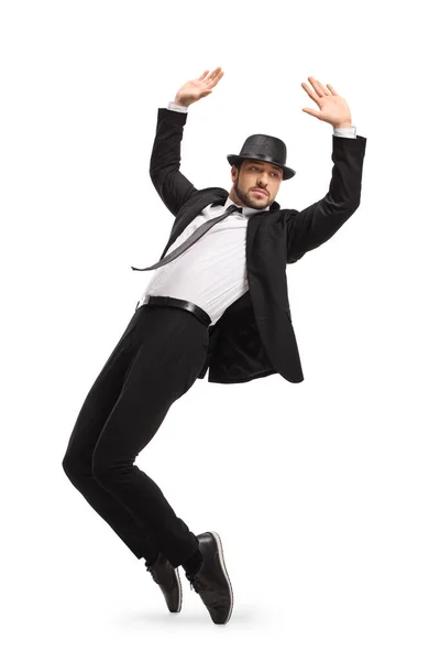 Полный Снимок Мужчины Костюме Танцующего Цыпочках Белом Фоне — стоковое фото