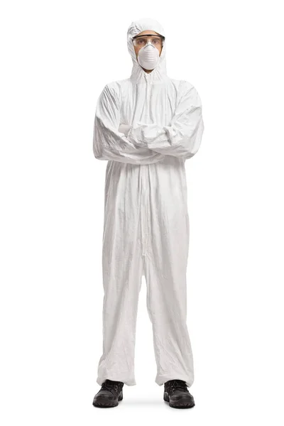 Plně Dlouhý Portrét Muže Dekontaminačním Obleku Masce Pózujícího Zkříženými Pažemi — Stock fotografie