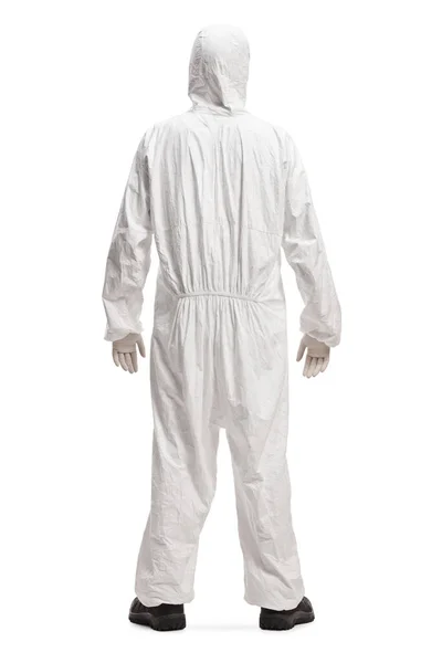 Full Length Rear Shot Man White Decontamination Suit Isolated White — Stock Photo, Image