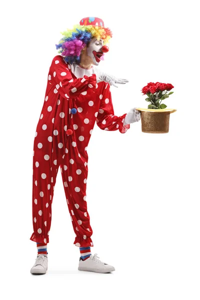 Full Length Shot Clown Holding Hat Red Roses Isolated White — Stock Photo, Image