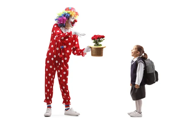 Full Length Shot Clown Performing Trick Flowers Hat Schoolgirl Watching — Stock Photo, Image