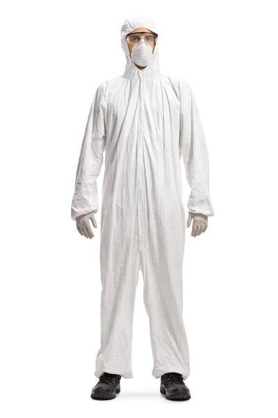 白いハズマットのスーツとマスクの男の完全な長さの肖像画は 白い背景に隔離 — ストック写真