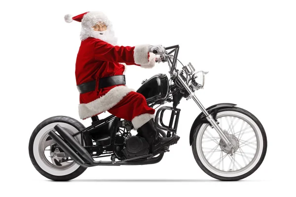 Santa Claus Jazdy Motocykl Śmigłowiec Izolowany Białym Tle — Zdjęcie stockowe