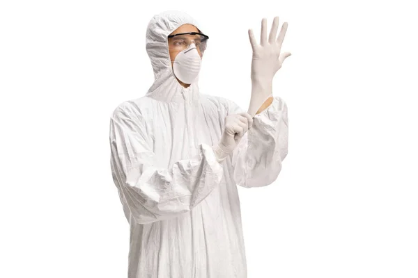 Homme Costume Décontamination Blanc Portant Des Gants Médicaux Isolés Sur — Photo