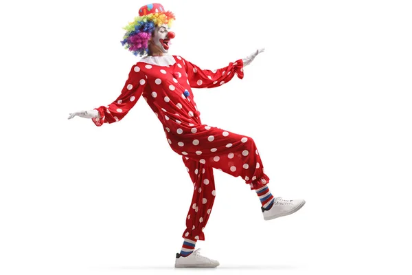 Full Längd Skott Clown Stående Ett Ben Isolerad Vit Bakgrund — Stockfoto