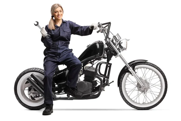Female Mechanic Ubiform Sitting Motorbike Isolated White Background — Stock Photo, Image