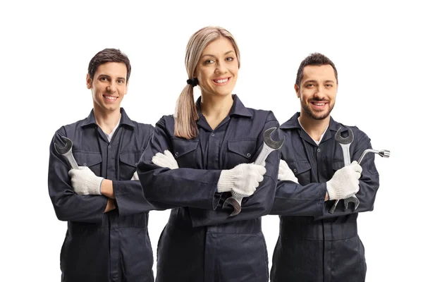 Team One Female Two Male Mechanics Holding Working Tools Isolated — Stock Photo, Image