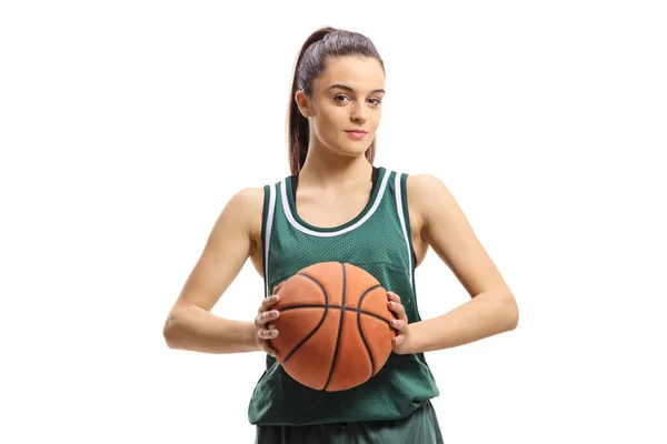 Jovem Jogador Basquete Feminino Segurando Uma Cesta Isolada Fundo Branco — Fotografia de Stock