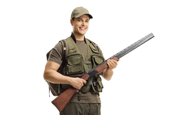 Young Man Hunter Posing Rifle Isolated White Background — Stock Photo, Image