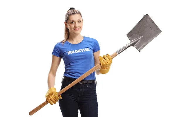 Young Woman Volunteer Holding Shovel Isolated White Background — Stock Photo, Image