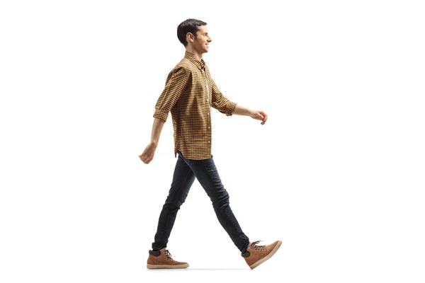 Full Length Profile Shot Casual Young Man Shirt Jeans Walking — Zdjęcie stockowe